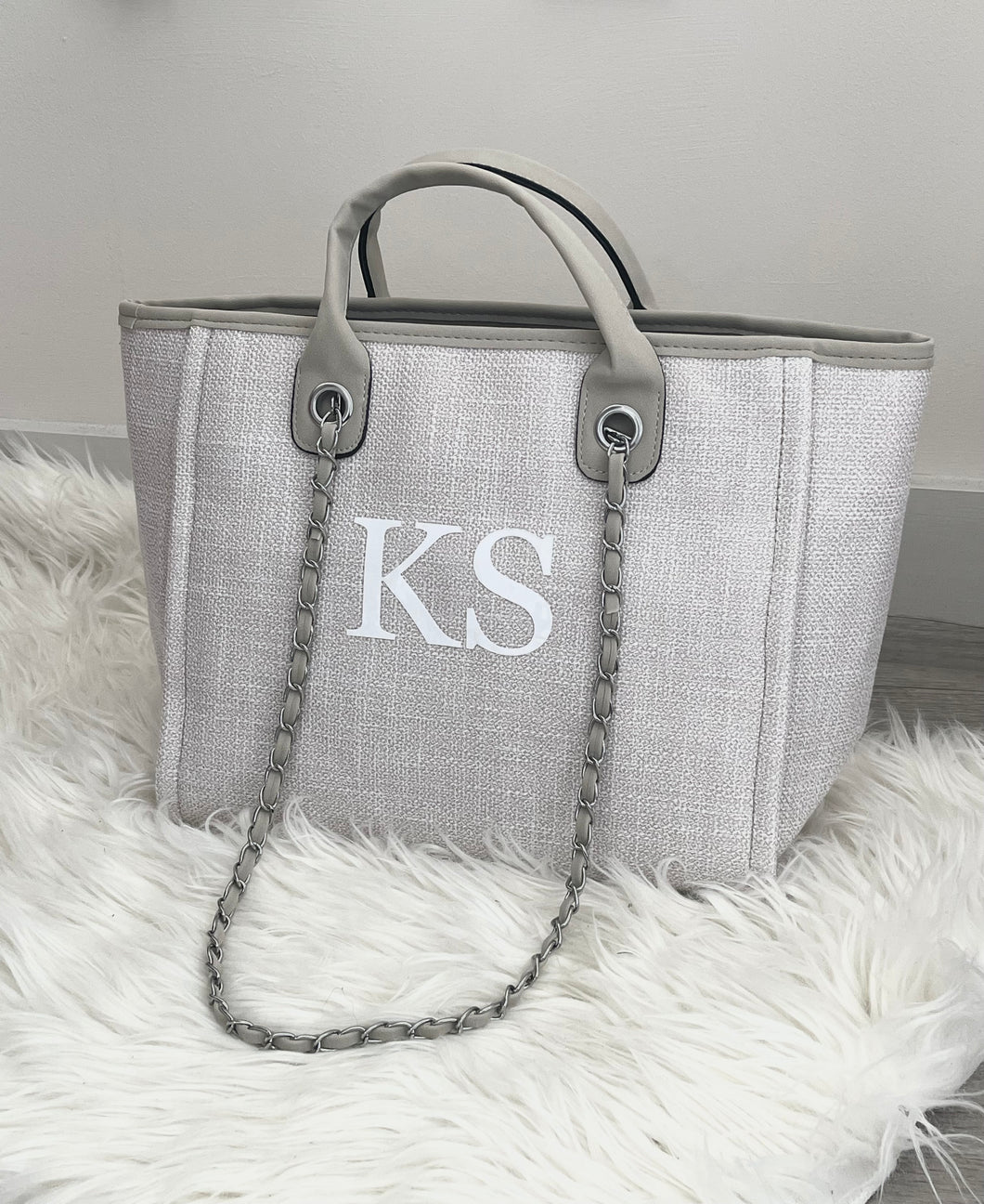 Personalized Monogram Tote Bag Canvas Customised Grey Chain