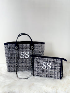 Personalised Black Tweed Canvas Tote +  Clutch Bag